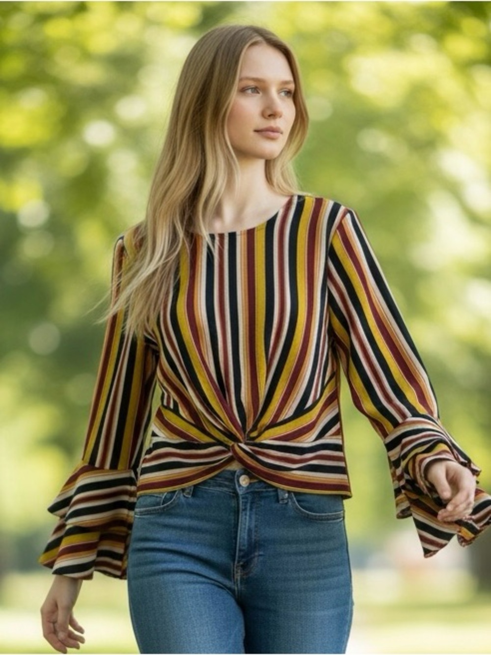 Bar III Multi-Stripe Twist Front Bell Sleeve Top